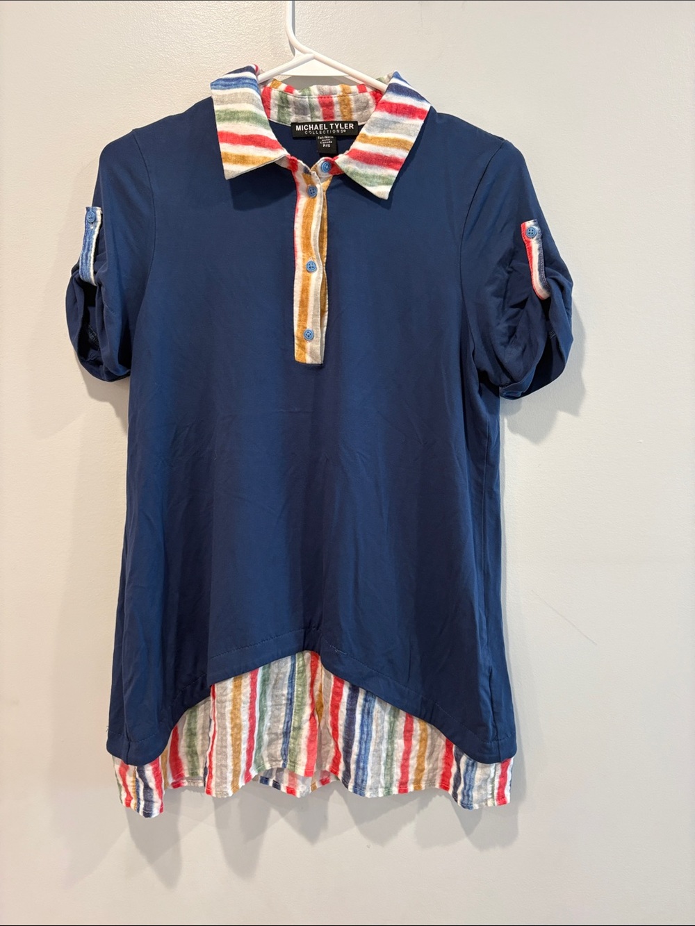 Michael Tyler Navy Button-Down Top with Multicolor Stripe Trim ptp 17 length 27